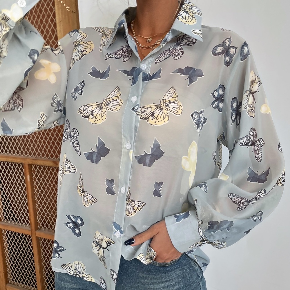 Boho Butterfly Print Sheer Button Up Top Work - Picture 2 of 6